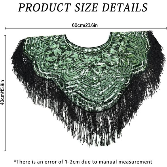Women's Black Green 1920s Shawl Sequin Beaded Art Evening Cape Tassel Shawls - Picture 6 of 6